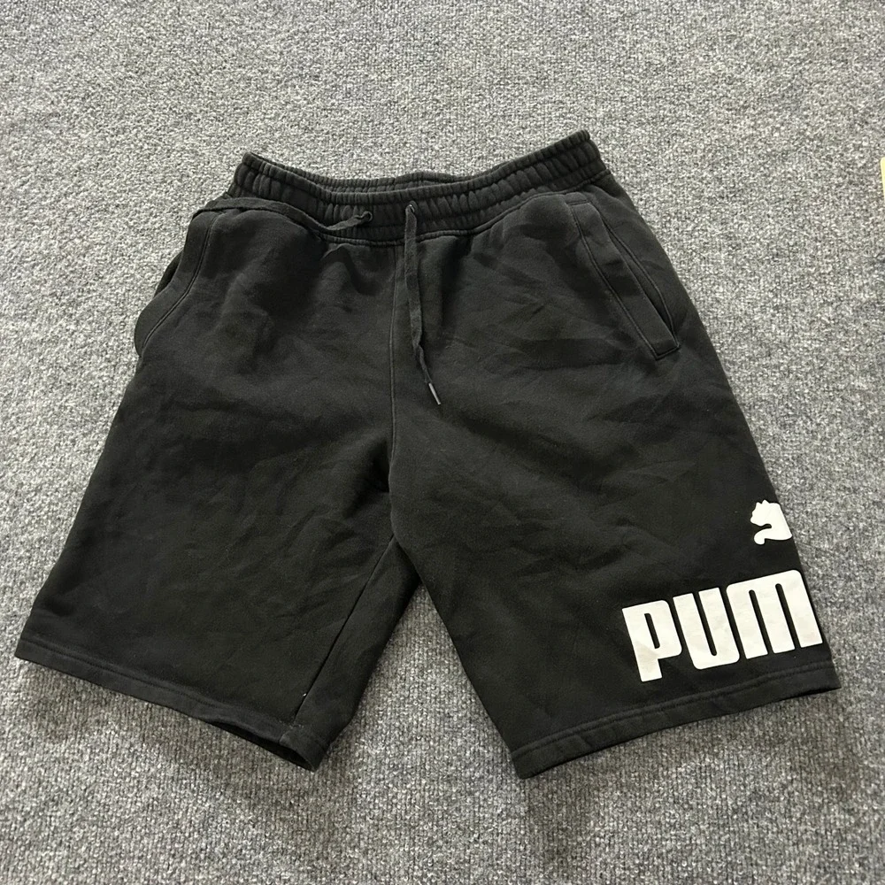 Puma Sweat Shorts Mens Size S Black Graphic Logo Athletic Drawstring Comfort